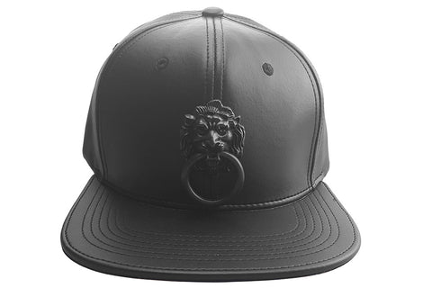 Red Bottom Black Faux Leather Cap with Large Black Metal Lion