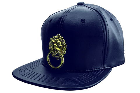 Blue Faux Leather Cap with Large Lion and Gold Label