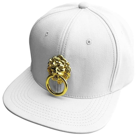 Faux Leather Cap with Large Metal Lion ( Black or White )