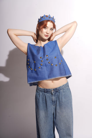 Unisex Blue Denim Distressed Studded Boob Top By Hi Hairy