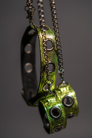 Metallic Green Leather Choker / Handcuff Set