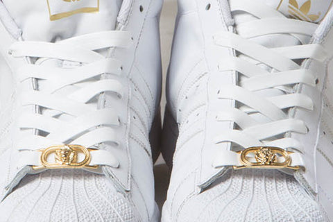 White Leather Laces with Gold Lion Lace Lock