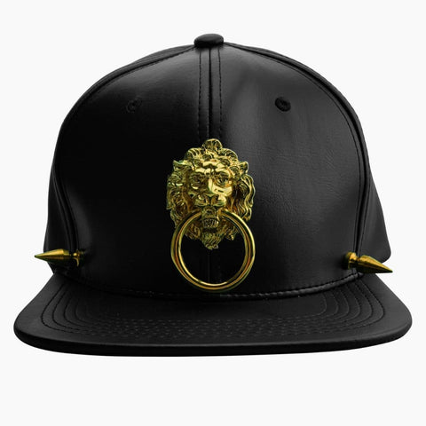 Black Faux Leather Cap with Large Metal Lion and Spikes