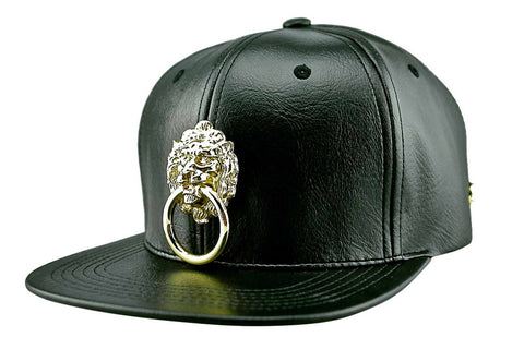 Faux Leather Cap with Large Metal Lion ( Black or White )