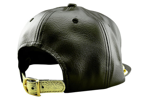 Black Faux Leather Baseball Cap with Large Gold Metal Chain