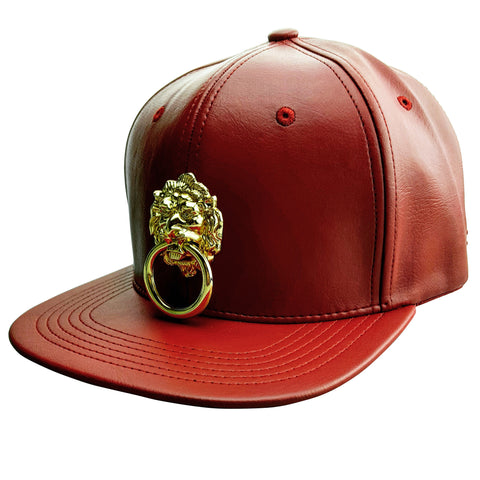 Red Faux Leather Cap with Large Lion and Gold Label