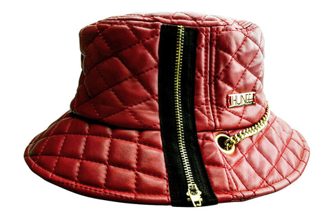 Coral Red Quilted Faux Leather Bucket Hat with Gold Label and Chain