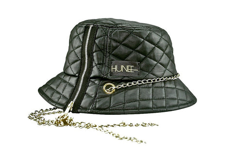 Black Quilted Faux Leather Bucket Hat